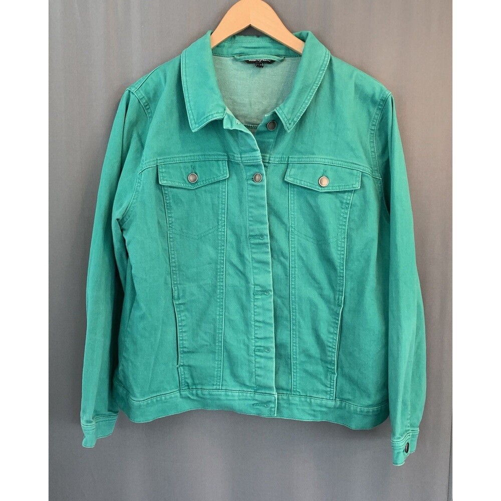 Ulla Popken Jewel Tone Jade Green Denim Classic Jean Jacket Sz 14 Stretch Pocket